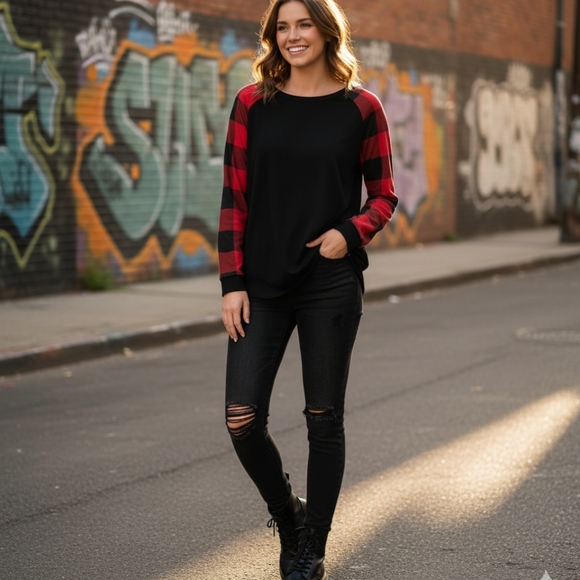 Aifer Red and Black Plaid sleeves top - Picture 1 of 9